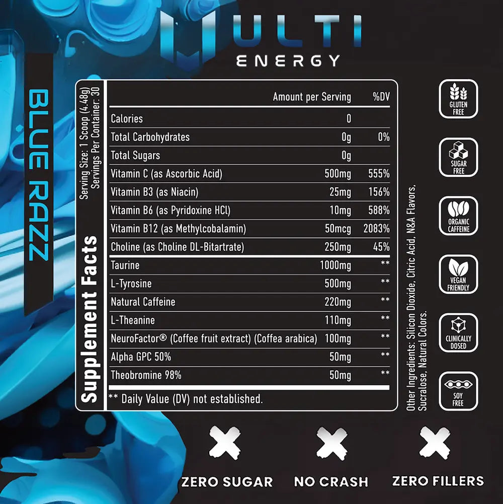 ULTI Energy Blue Razz supplement facts - 220mg natural caffeine, Alpha GPC, L-Tyrosine, NeuroRush, zero sugar