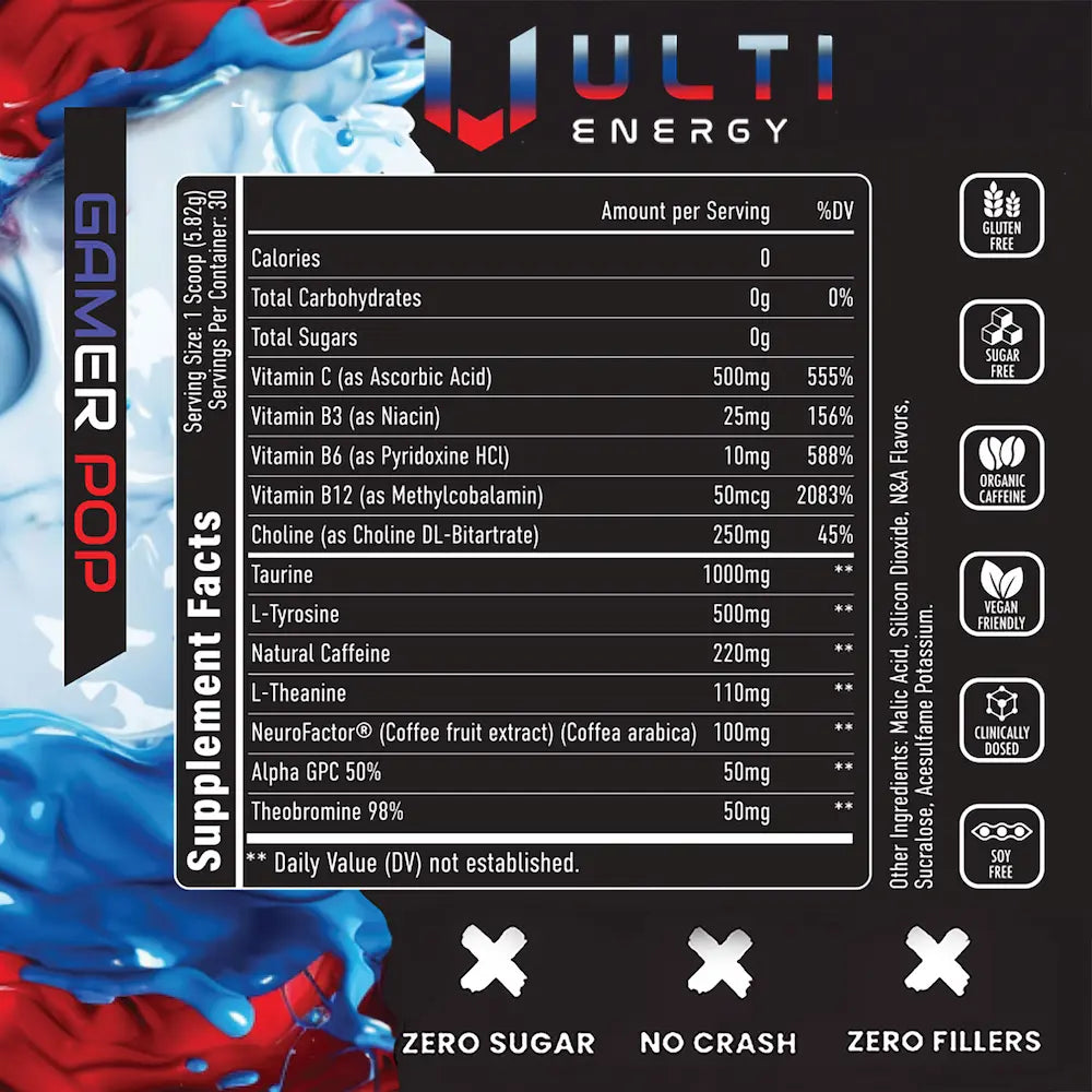 ULTI Energy GamerPop supplement facts — 220mg natural caffeine, Alpha GPC, L-Tyrosine, NeuroRush, zero sugar