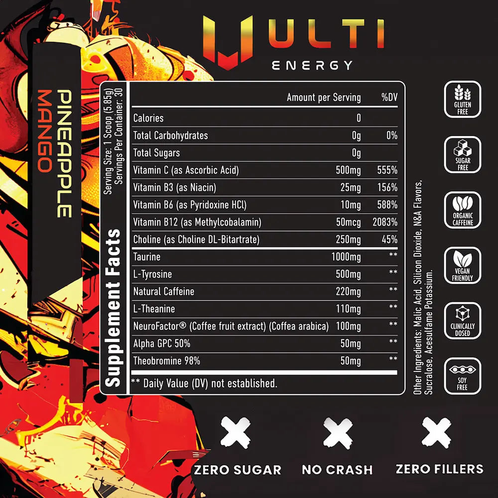ULTI Energy Pineapple Mango supplement facts — 220mg natural caffeine, Alpha GPC, L-Tyrosine, NeuroRush, zero sugar