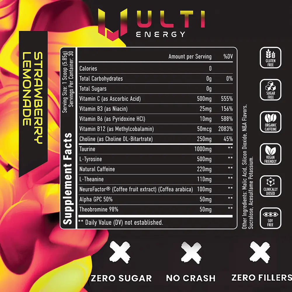 ULTI Energy Strawberry Lemonade supplement facts, 220mg natural caffeine, Alpha GPC, L-Tyrosine, NeuroRush, zero sugar