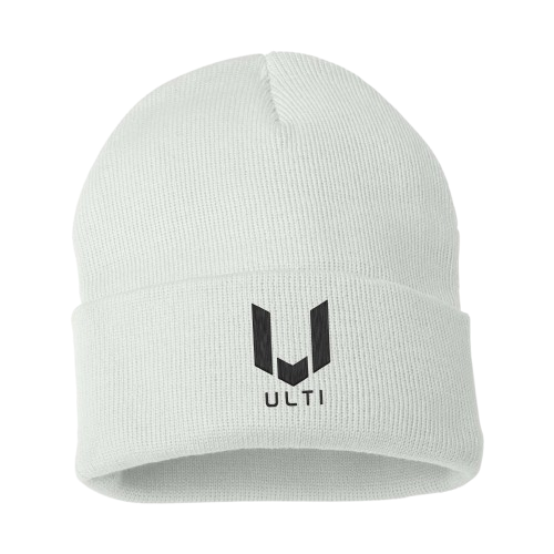 ULTI White Embroidered Beanie — gaming lifestyle apparel
