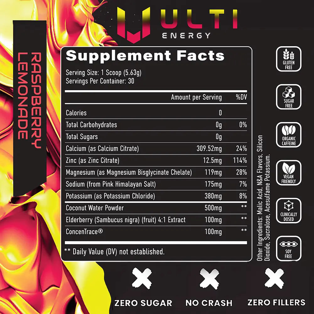 ULTI Hydration Raspberry Lemonade supplement facts — coconut water, magnesium bisglycinate, potassium, zinc, zero caffeine, zero sugar