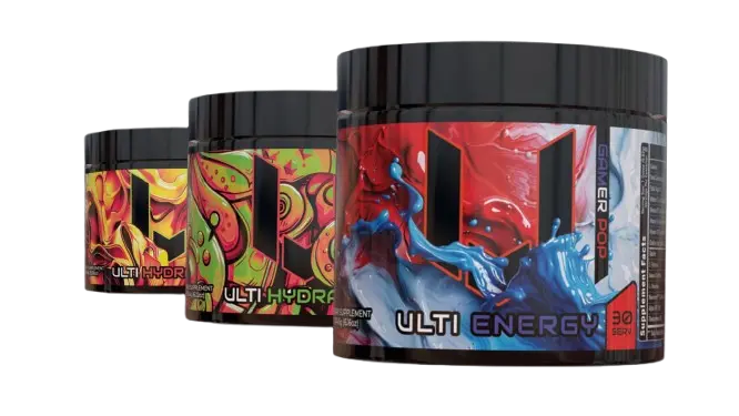 ULTI Energy and Hydration gaming supplement tub lineup — 220mg natural caffeine, zero sugar, clean focus formula for gamers
