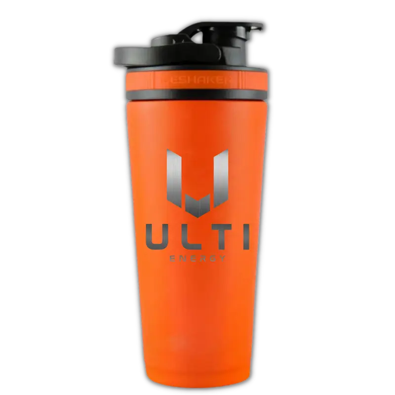 ULTI x IceShaker Orange 26oz premium stainless steel gaming shaker bottle — insulated, leak proof