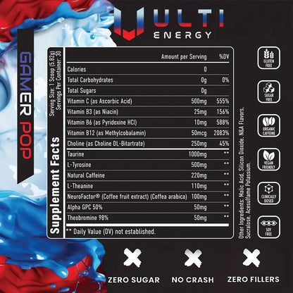 ULTI Energy GamerPop supplement facts — 220mg natural caffeine, Alpha GPC, L-Tyrosine, NeuroRush, zero sugar
