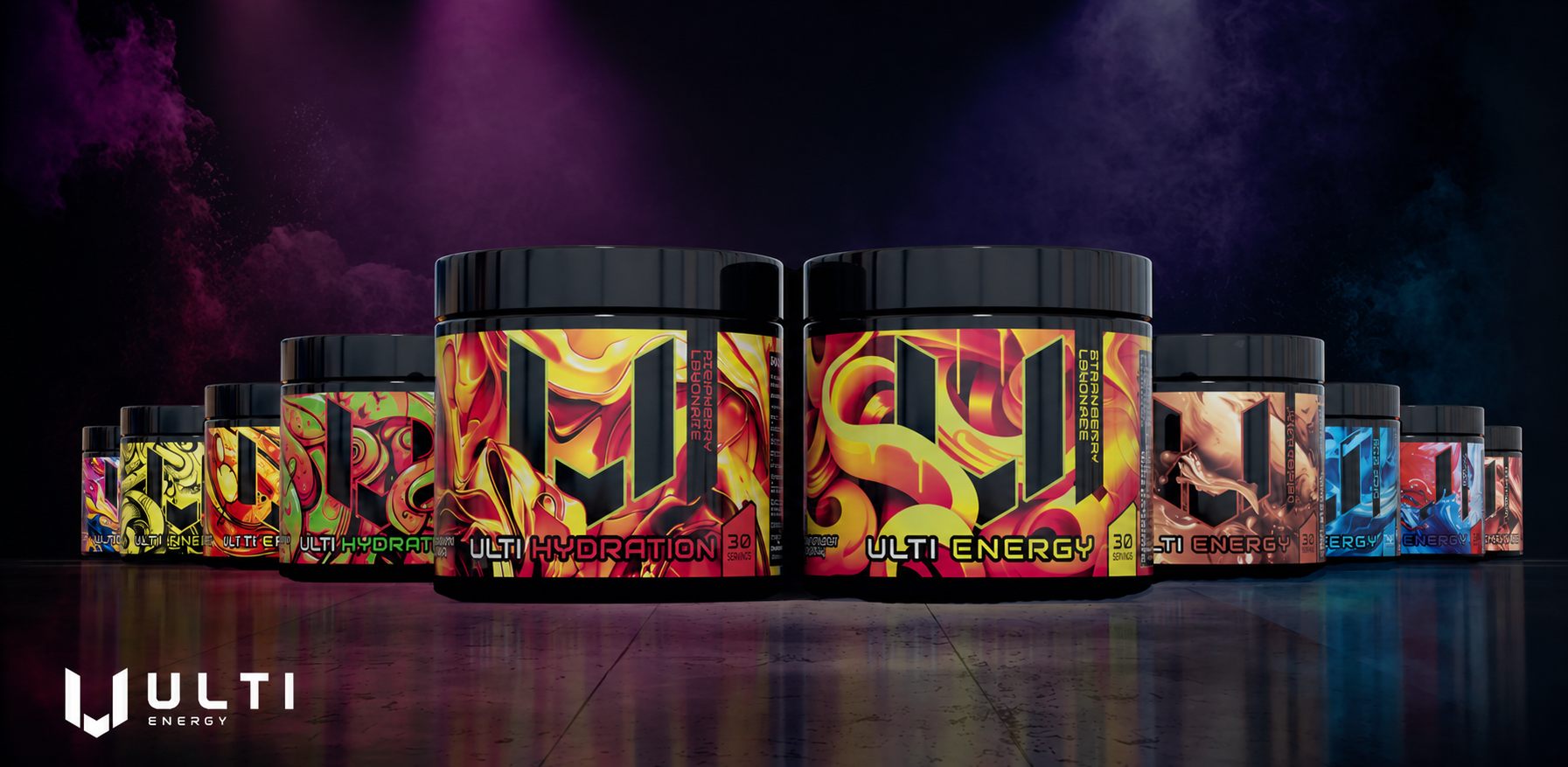 ULTI Energy and Hydration drink full lineup - 220mg Caffeine energy drink and zero caffeine electrolyte hydration drinks for gamers.