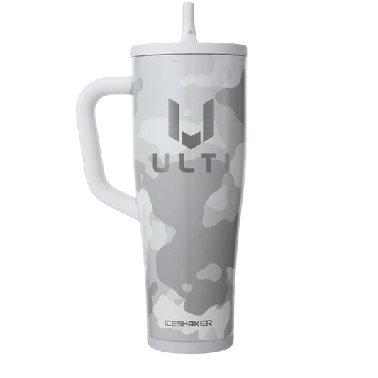 ULTI x IceShaker Legend Series 40oz stainless steel shaker — white camo, insulated, gaming energy drink bottle