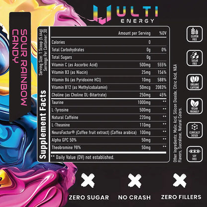 ULTI Energy Sour Rainbow Candy supplement facts, 220mg natural caffeine, Alpha GPC, L-Tyrosine, NeuroRush, zero sugar