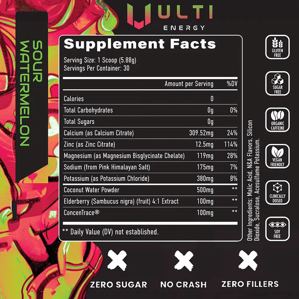 ULTI Hydration Sour Watermelon supplement facts — coconut water, magnesium bisglycinate, potassium, zinc, zero caffeine, zero sugar