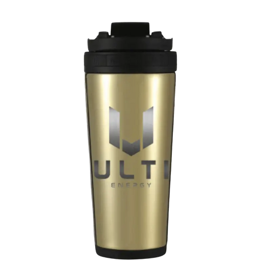 ULTI x IceShaker Gold 26oz premium stainless steel gaming shaker bottle — insulated, leak proof