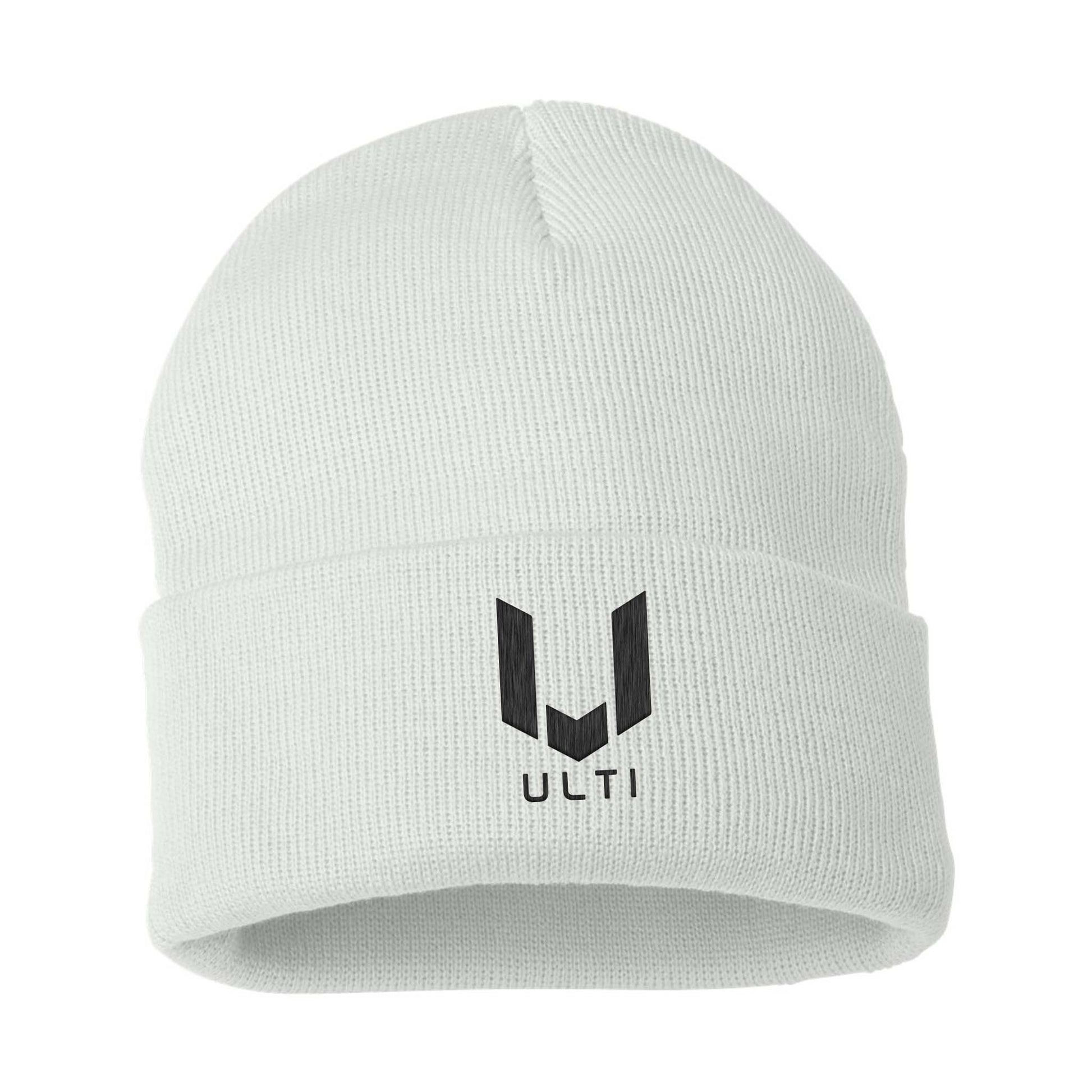 ULTI White Embroidered Beanie — gaming lifestyle apparel