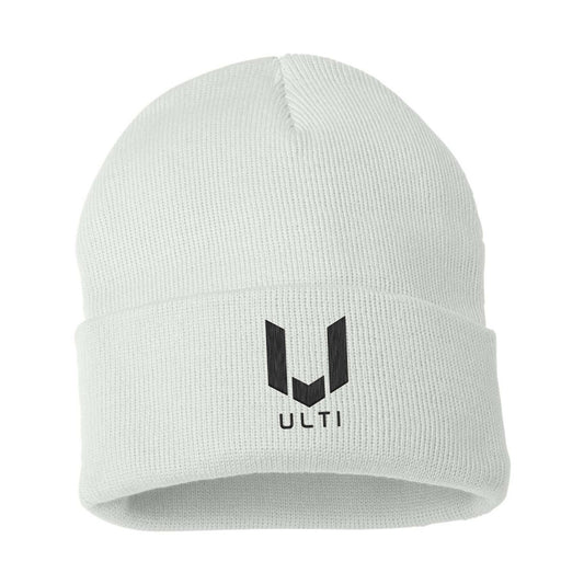 ULTI White Embroidered Beanie — gaming lifestyle apparel